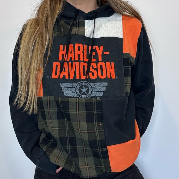 Harley-Davidson Handmade Upcycled Patchwork Relaxed Soft Casual Hoodie Sweater - Picture 2 of 4